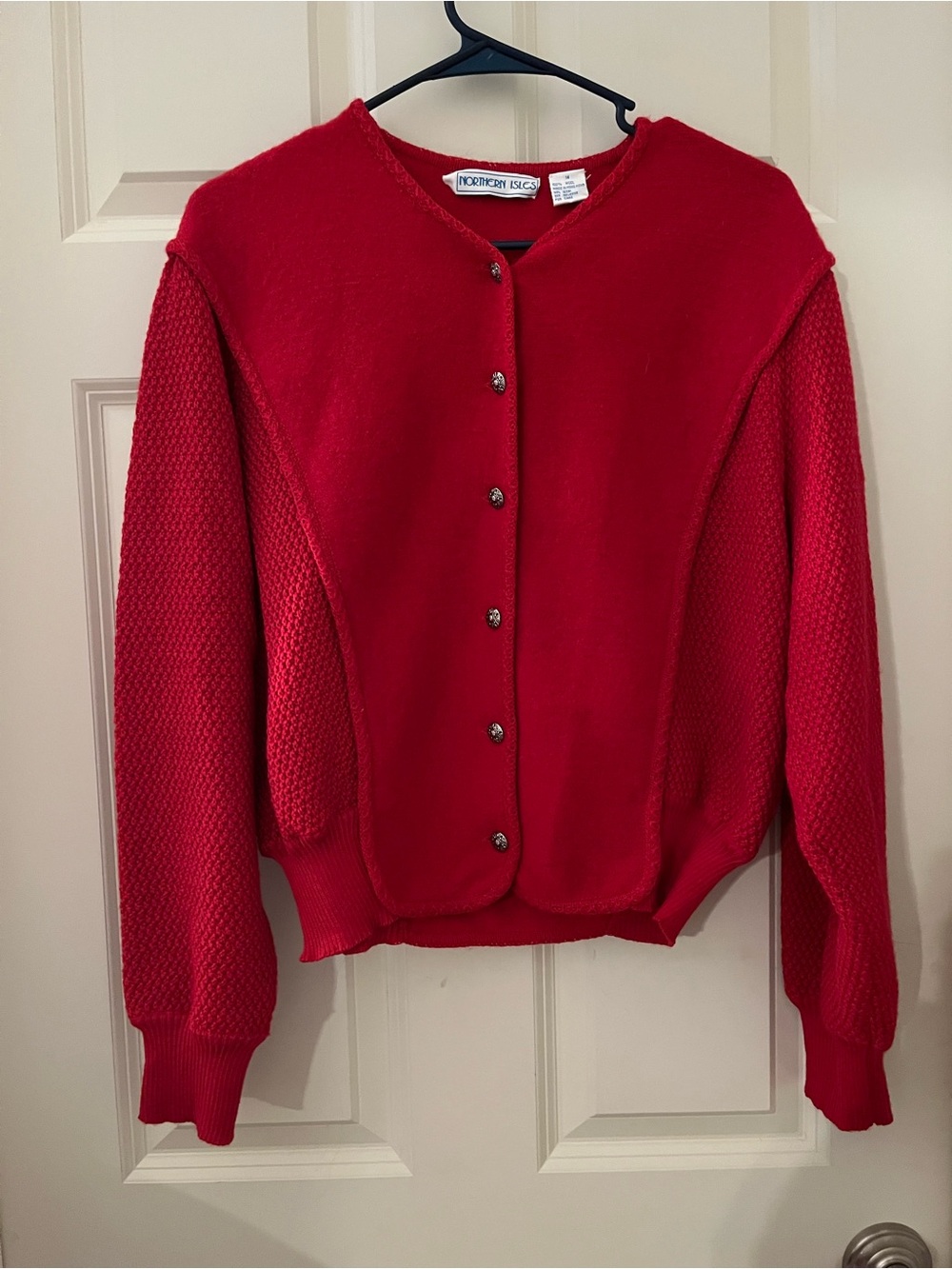Vintage Northern Isles Bright Red Cardigan Popcorn Knit Sleeve Cottagecore wool